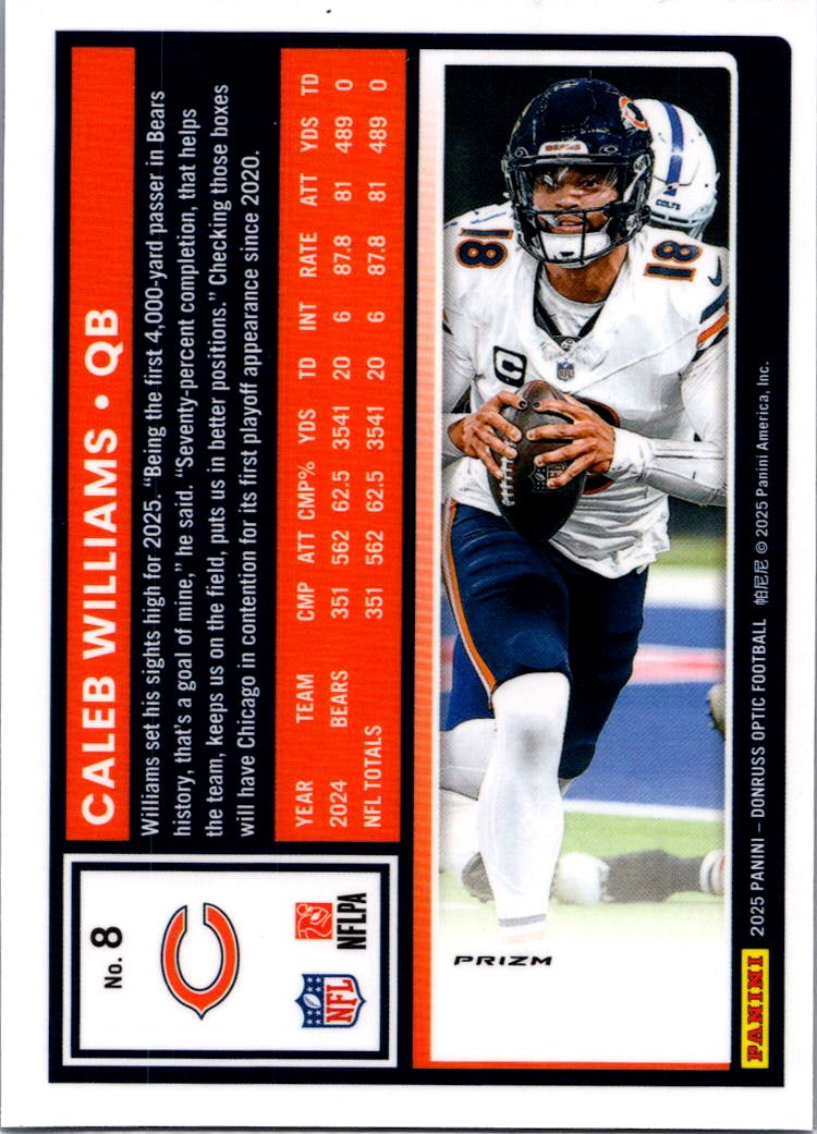 2025 Donruss Optic Caleb Williams #8 Silver Holo