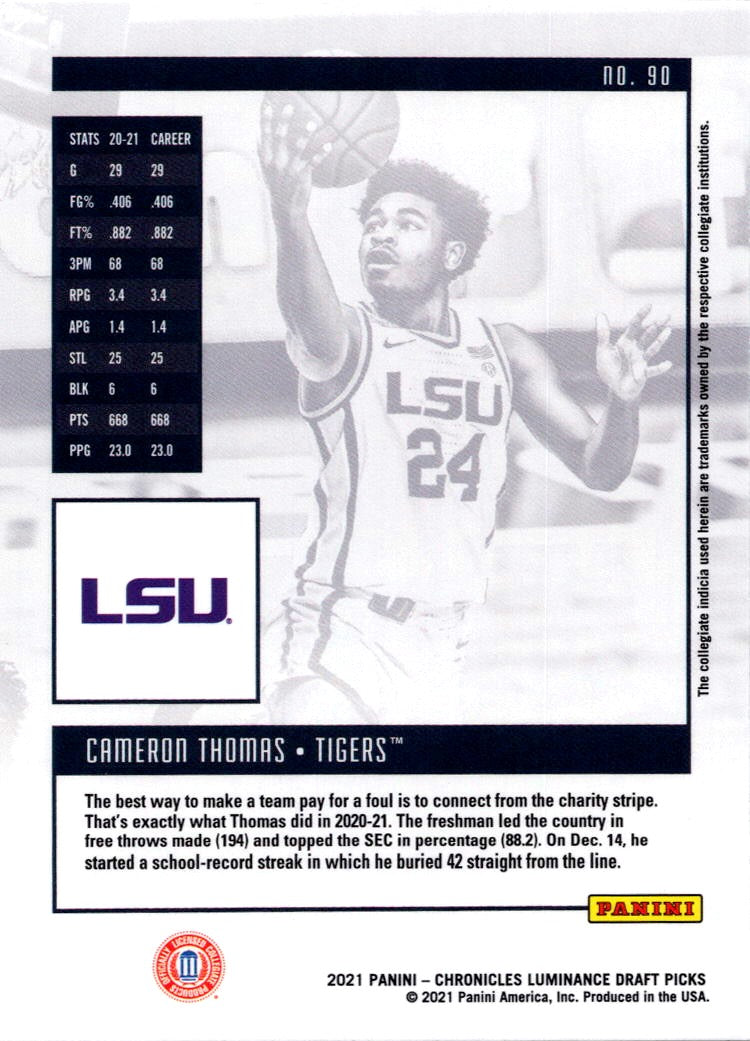 2020 Panini Chronicles Luminance Draft Picks Cameron Thomas #90 RC
