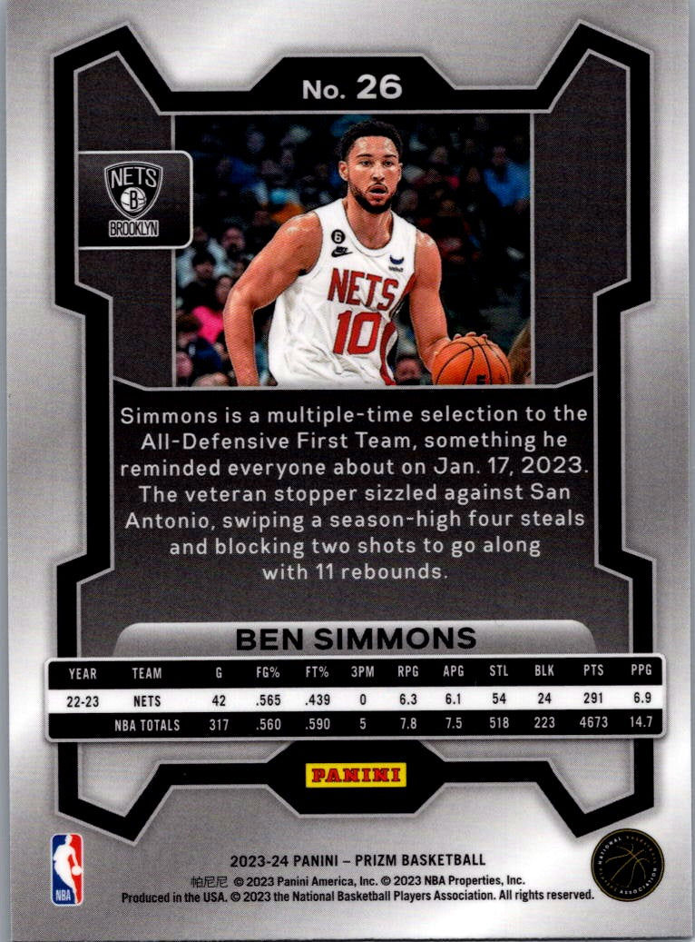 2023 Panini Prizm Basketball Ben Simmons #26