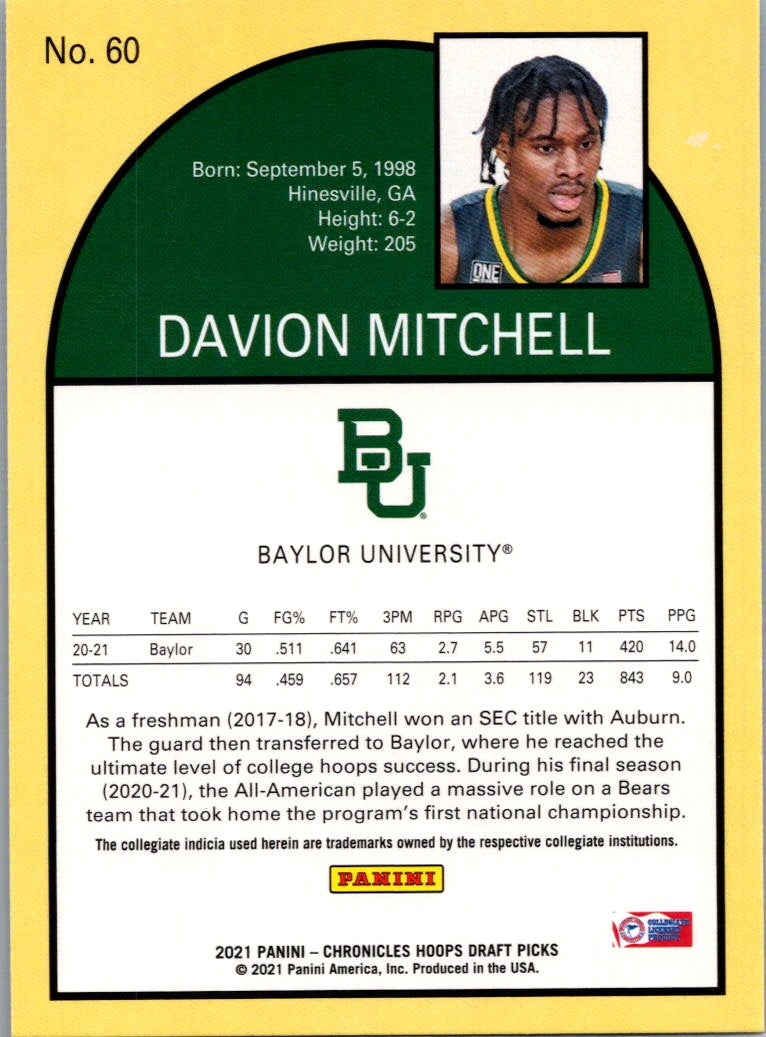 2021 Panini Chronicles Hoops Draft Picks Tribute Davion Mitchell #60