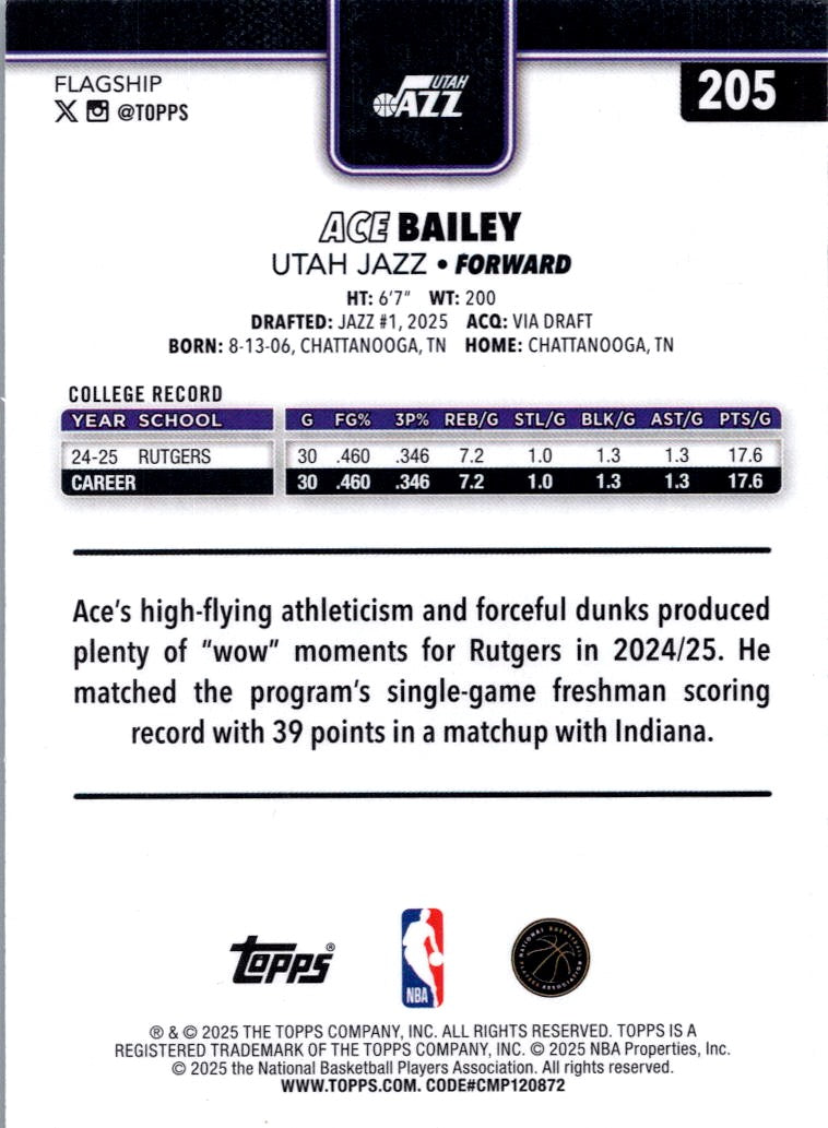 2025 Topps Flagship Ace Bailey #205 RC