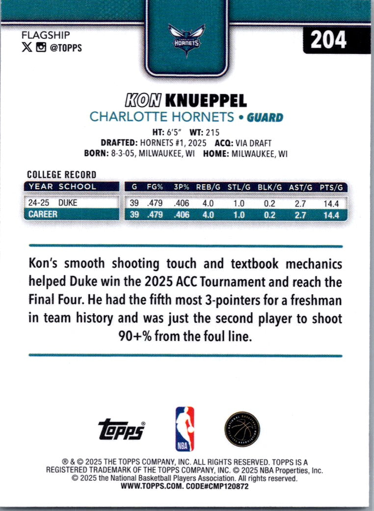 2025 Topps Kon Knueppel #204 RC
