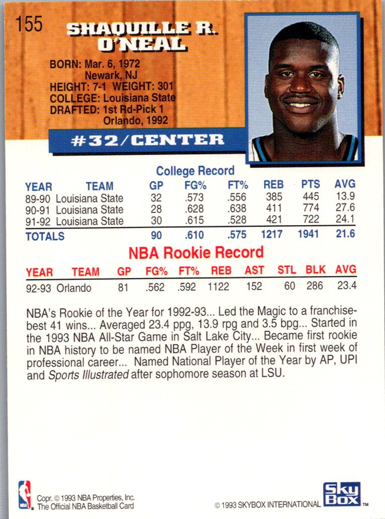 1993 Hoops Shaquille O'Neal #155