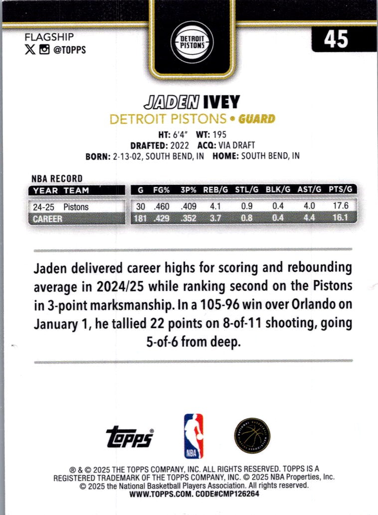 2025 Topps Flagship Basketball Jaden Ivey #45 Blackout