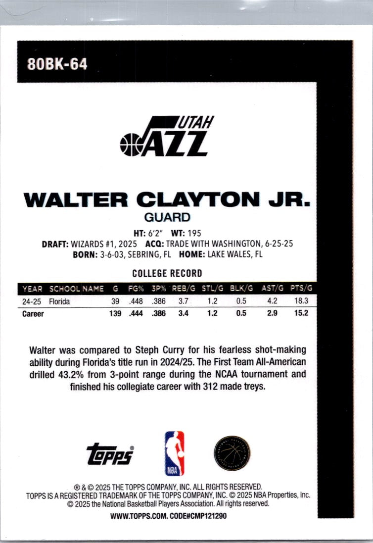 2025 Topps Chrome Basketball Walter Clayton Jr. #80BK-64 RC