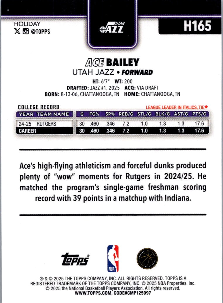 2025 Topps Holiday Ace Bailey #H165 RC