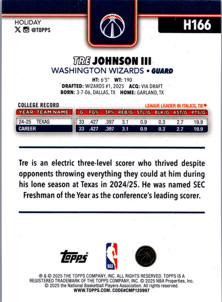 2025 Topps Holiday Tre Johnson III #H166 RC