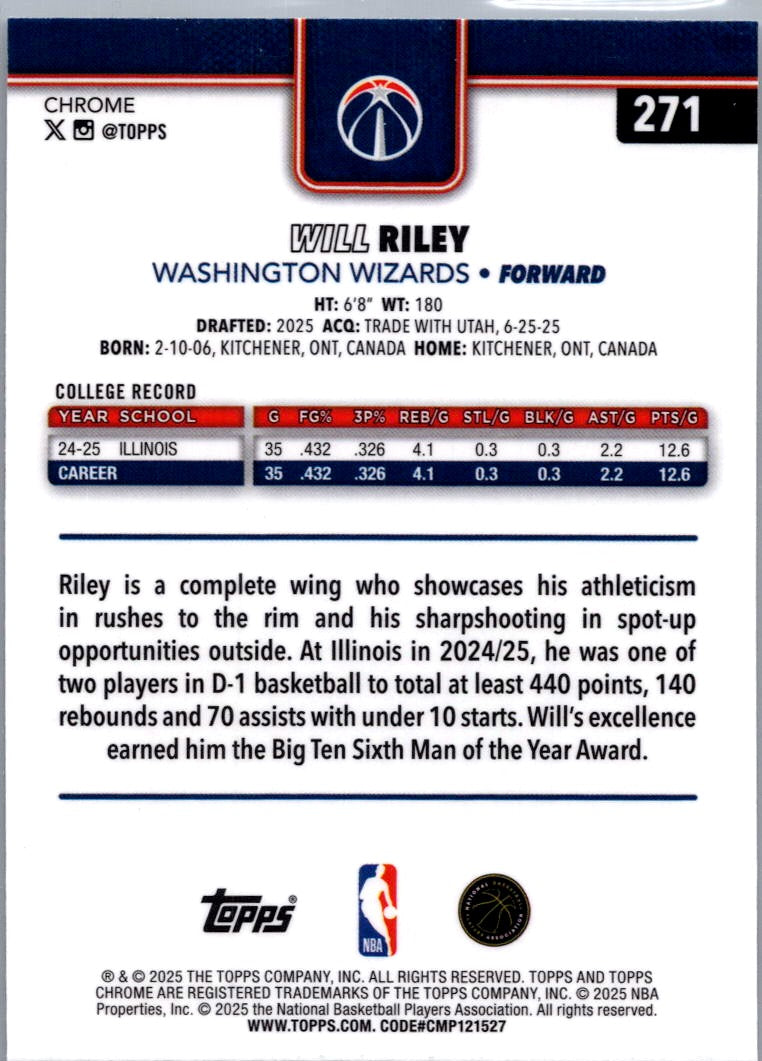 2025 Topps Chrome Will Riley #271 RC