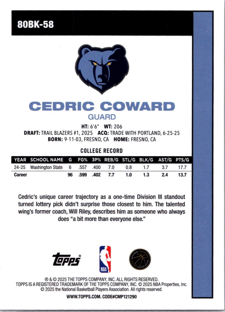 2025 Topps Cedric Coward #80BK-58 RC
