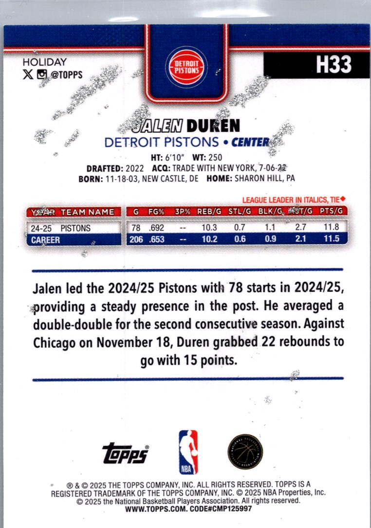 2025 Topps Holiday Jalen Duren #H33
