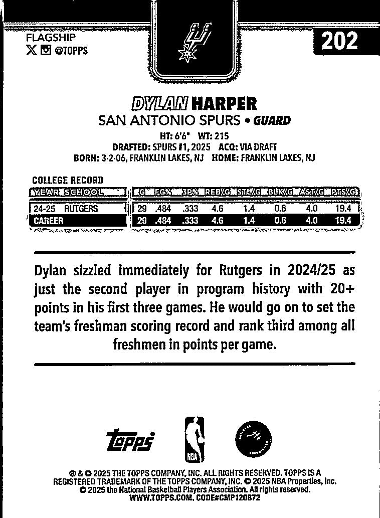 2025 Topps Dylan Harper #202 RC