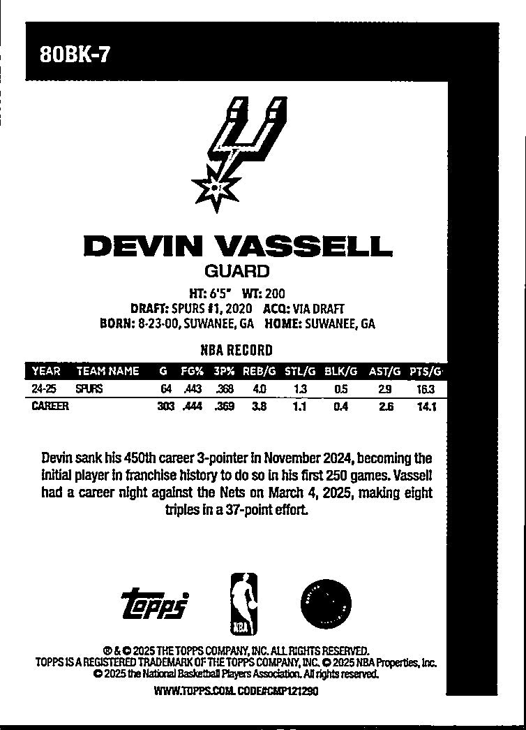 2025 Topps Devin Vassell #80BK-7