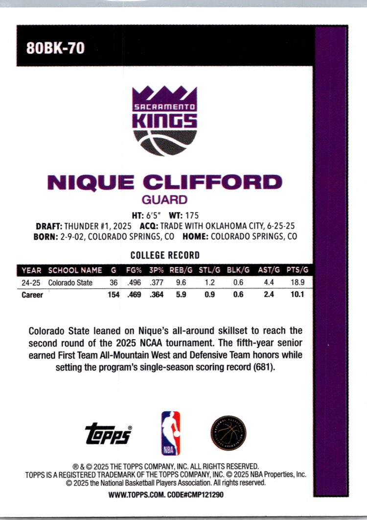 2025 Topps Nique Clifford #80BK-70 RC