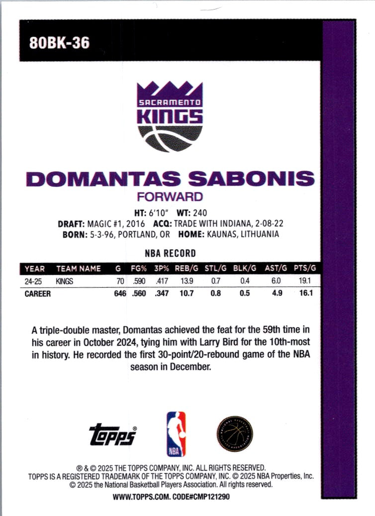 2025 Topps 1980 Topps Basketball Domantas Sabonis #80BK-36