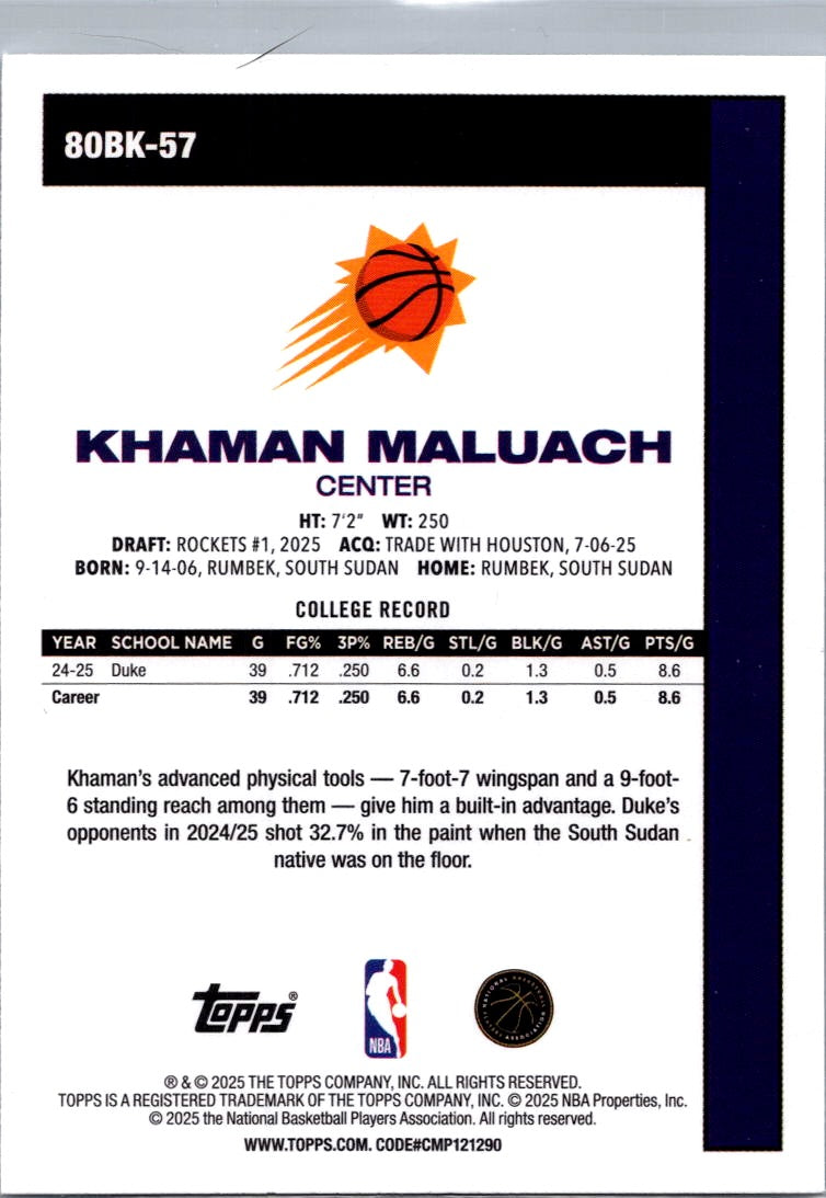 2025 Topps Chrome Basketball Khaman Maluach #80BK-57 RC