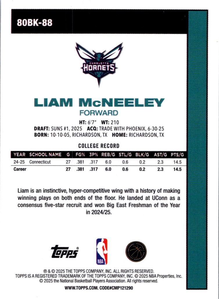 2025 Topps Liam McNeeley #80BK-88 RC