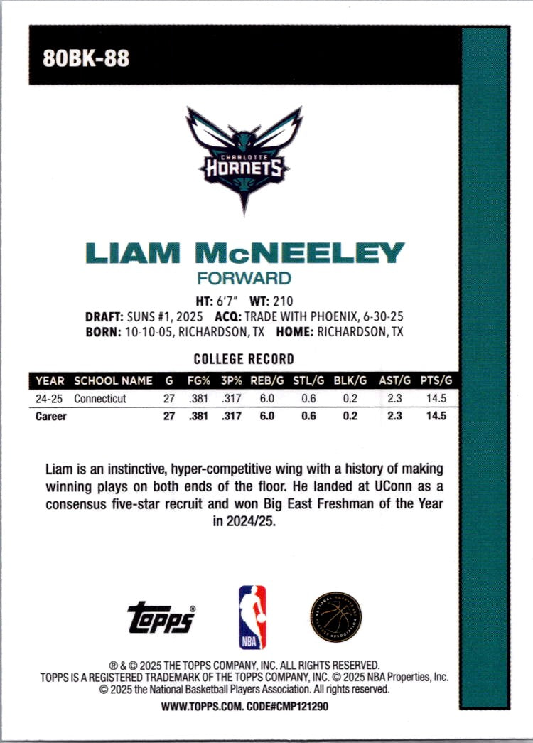 2025 Topps Liam McNeeley #80BK-88 RC