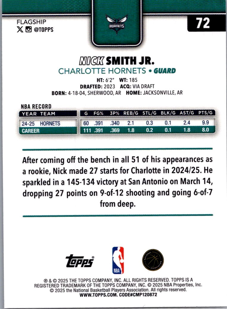 2025 Topps Nick Smith Jr. #72