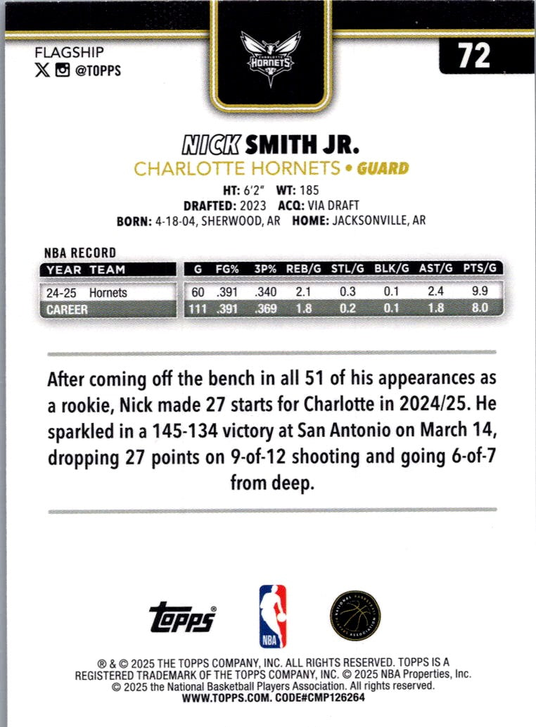 2025 Topps Chrome Basketball Nick Smith Jr. #72
