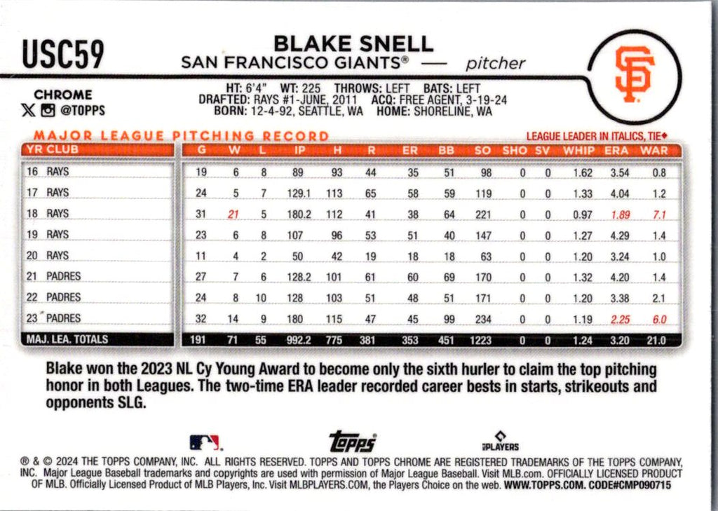 2024 Topps Chrome Update Blake Snell #USC59 X-Fractor