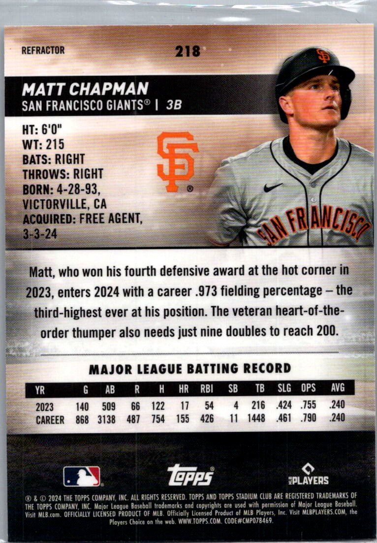 2024 Topps Stadium Club Chrome Matt Chapman #218 Refractor