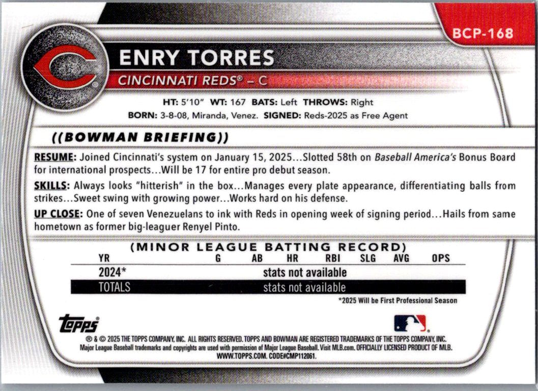 2025 Bowman Chrome Enry Torres #BCP-168 Speckle Refractor