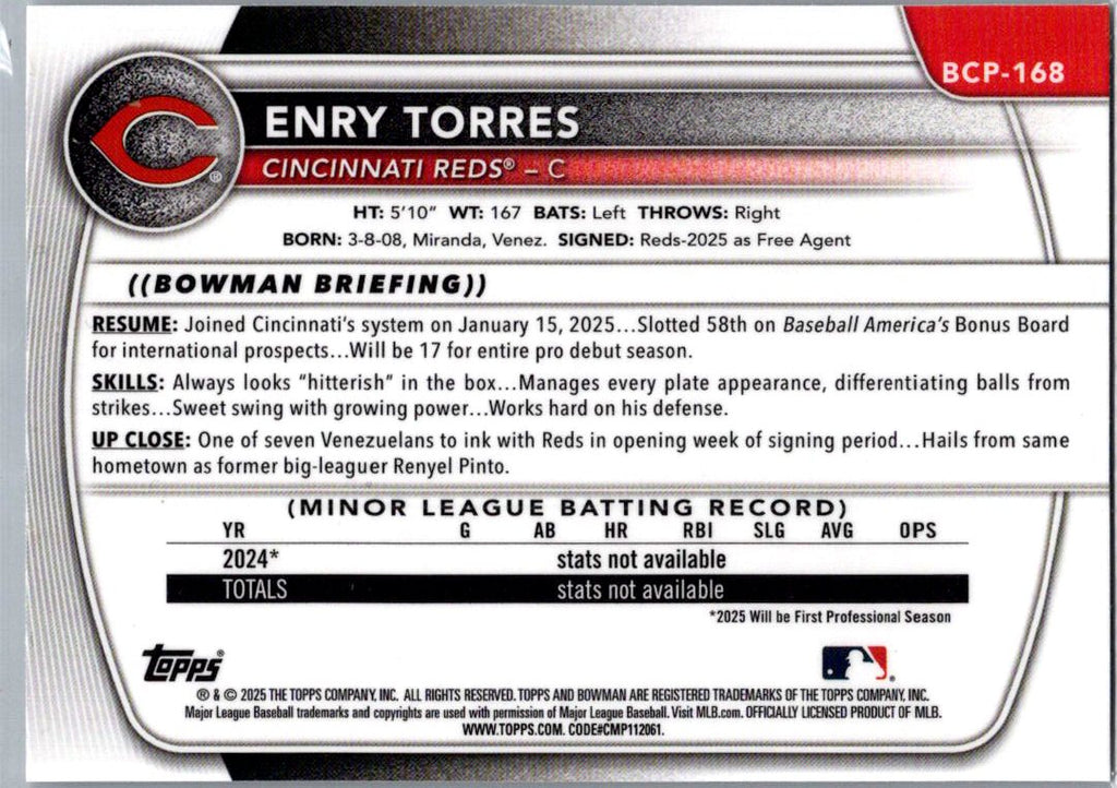 2025 Bowman Chrome Enry Torres #BCP-168 Speckle Refractor