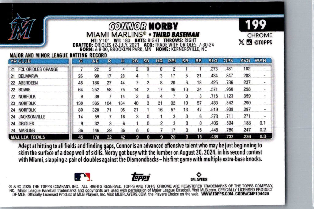 2025 Topps Chrome Connor Norby #199 Sepia Refractor RC
