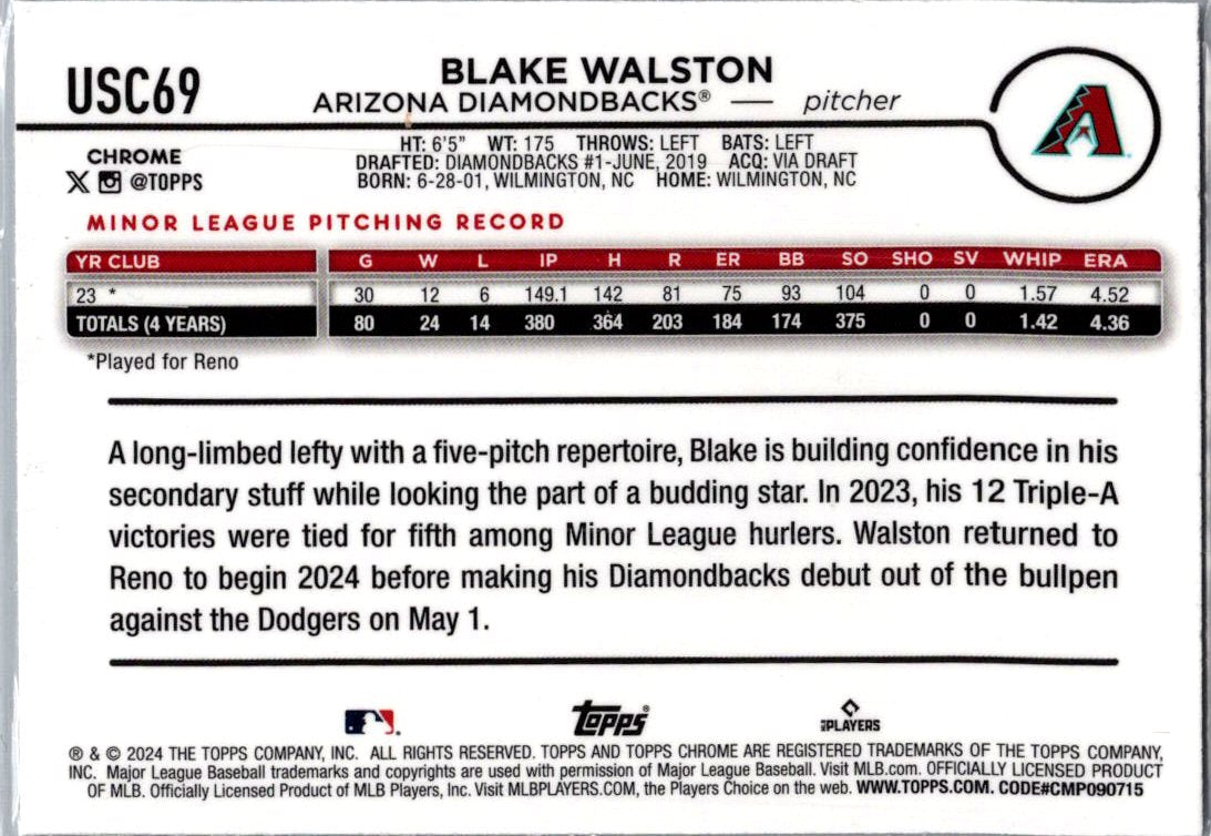 2024 Topps Chrome Update Blake Walston #USC69 X-Fractor RC