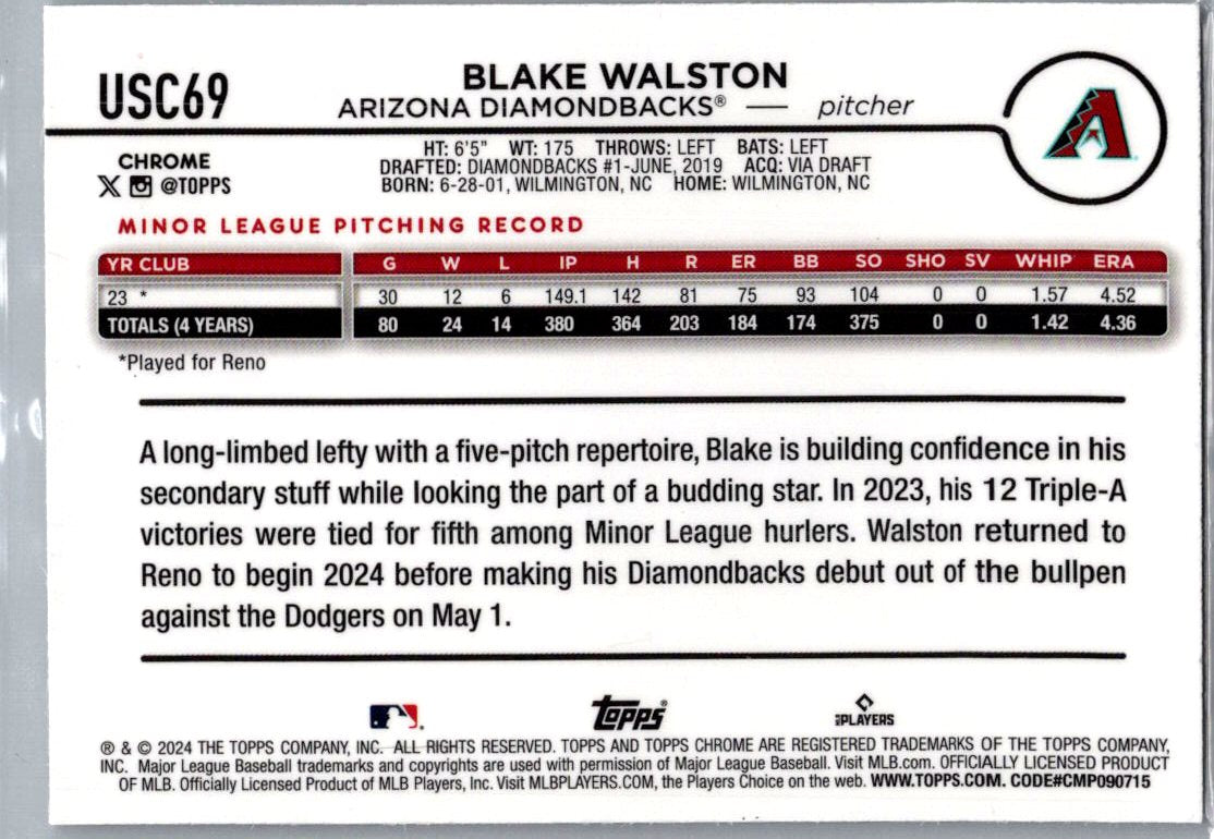 2024 Topps Chrome Update Blake Walston #USC69 X-Fractor RC