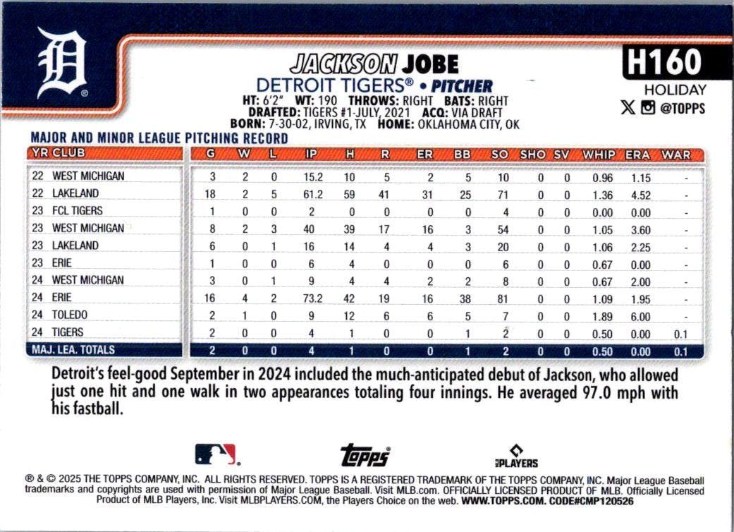 2025 Topps Holiday Jackson Jobe #H160 RC