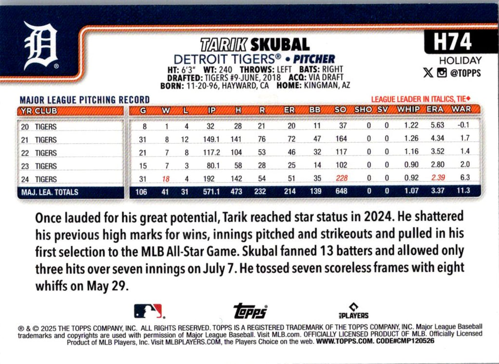 2025 Topps Holiday Tarik Skubal #H74