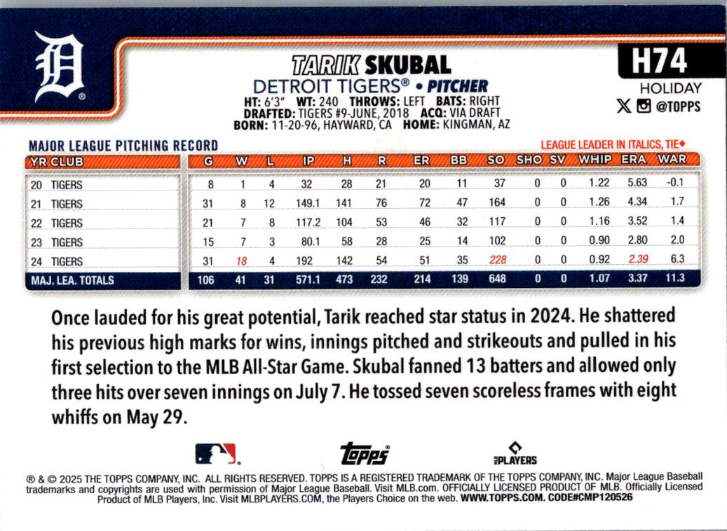 2025 Topps Holiday Tarik Skubal #H74