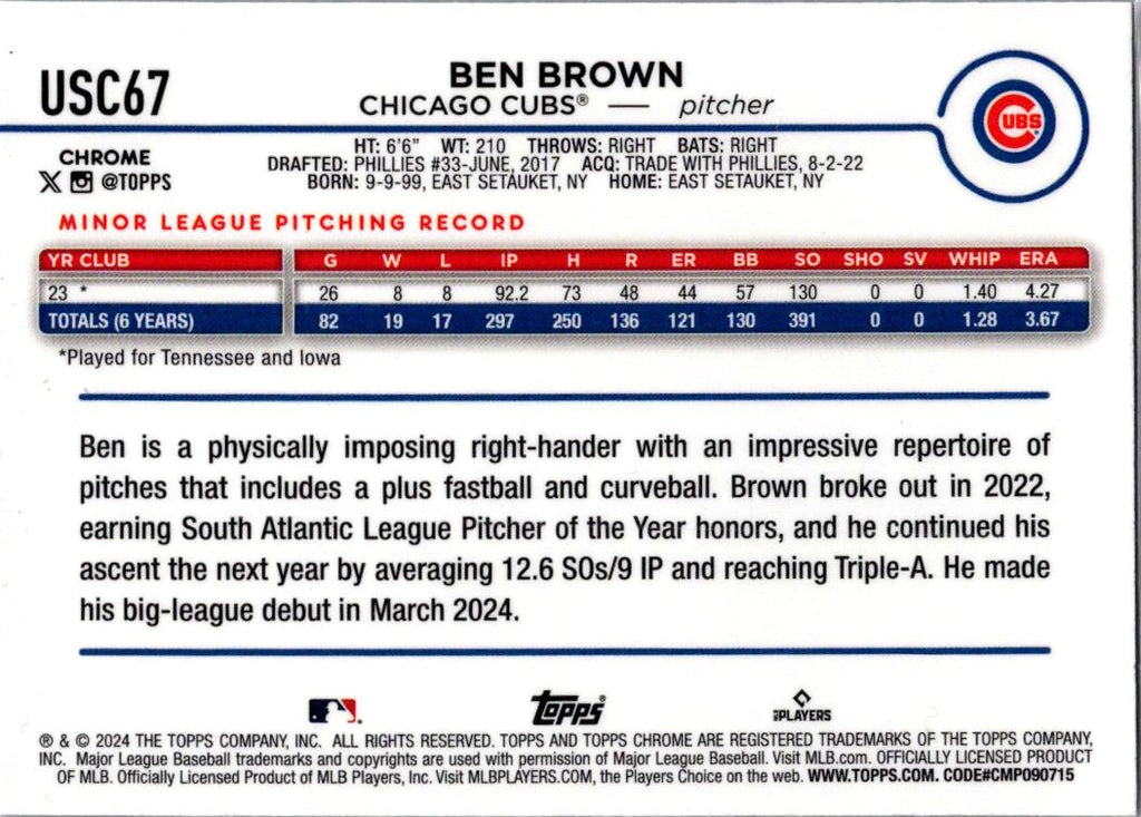 2024 Topps Chrome Update Ben Brown #USC67 X-Fractor RC