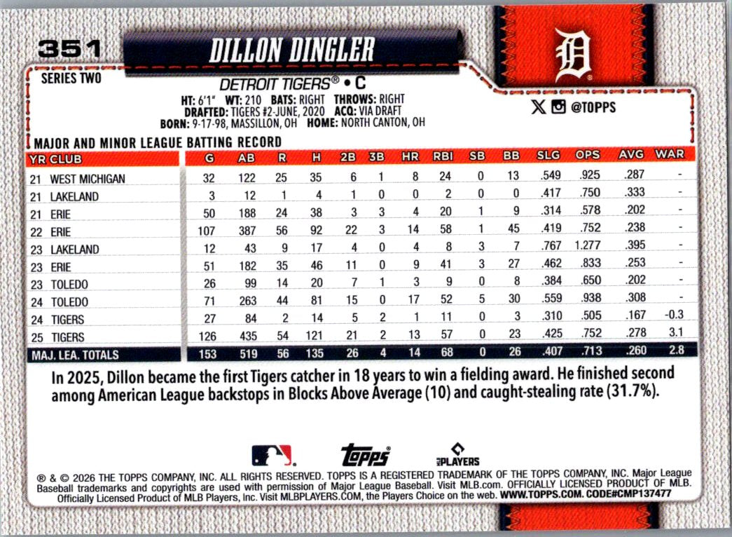 2026 Topps Series Two Dillon Dingler #351 Silver Cracked Ice