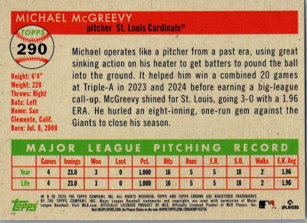 2025 Topps Chrome Platinum Michael McGreevy #290 RC
