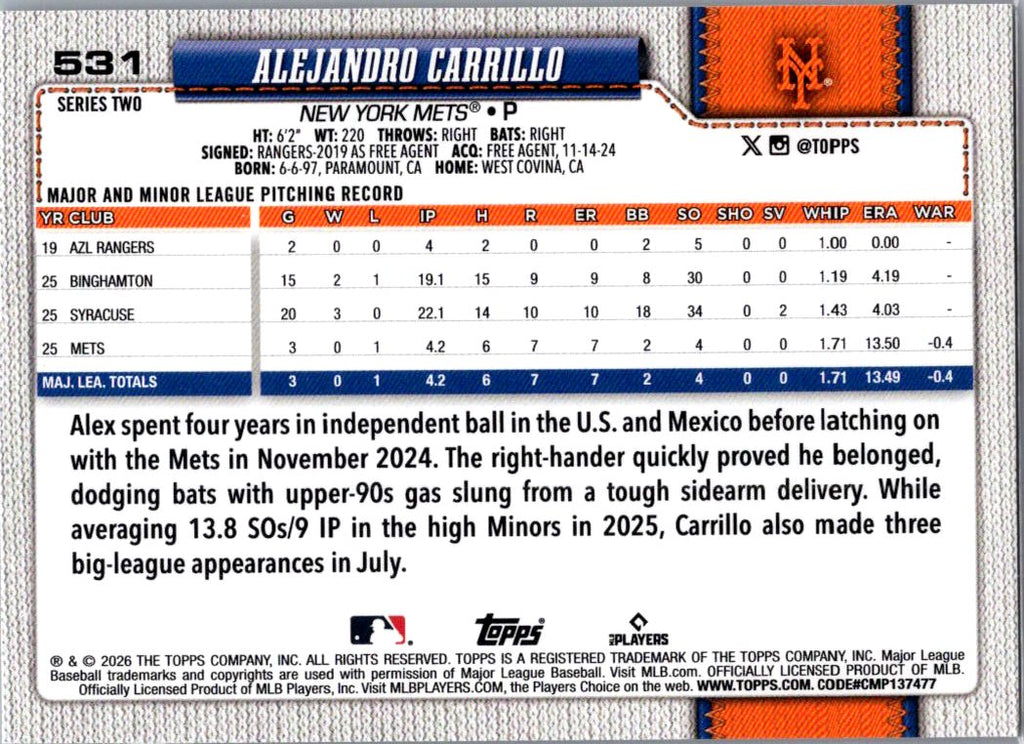 2026 Topps Series Two Alejandro Carrillo #531 Rainbow Foil RC