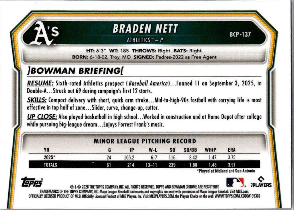 2026 Bowman Chrome Braden Nett #BCP-137 1st Bowman