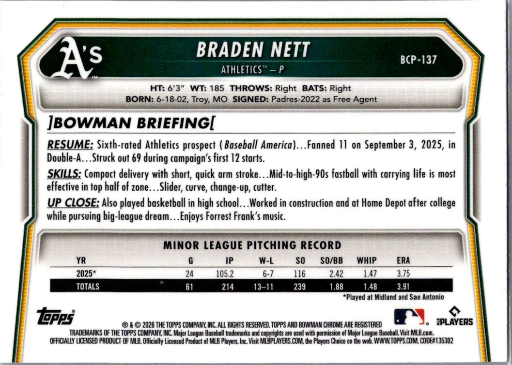 2026 Bowman Chrome Braden Nett #BCP-137 1st Bowman