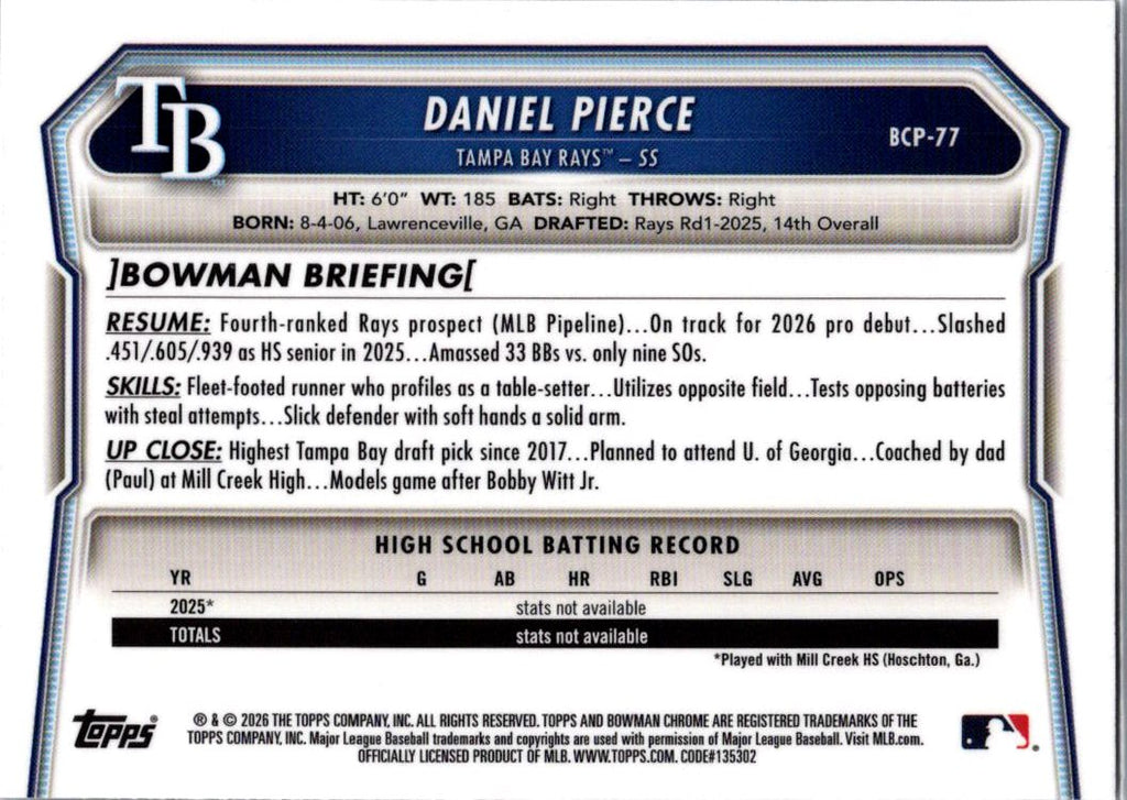2026 Bowman Chrome Daniel Pierce #BCP-77 1st Bowman