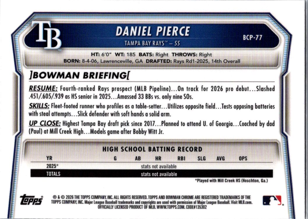 2026 Bowman Chrome Daniel Pierce #BCP-77 1st Bowman