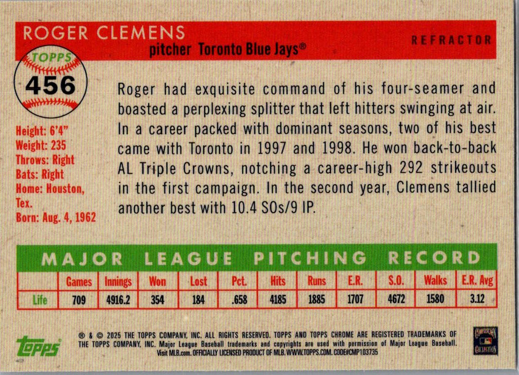 2025 Topps Chrome Roger Clemens #456 Refractor