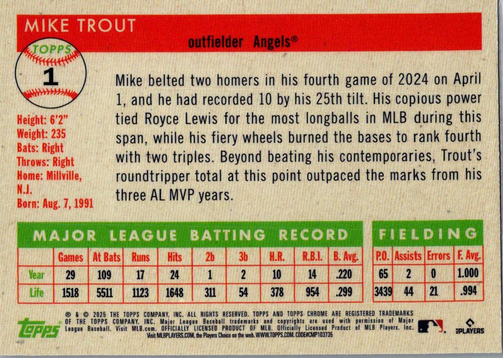 2025 Topps Chrome Mike Trout #1 Prism Refractor