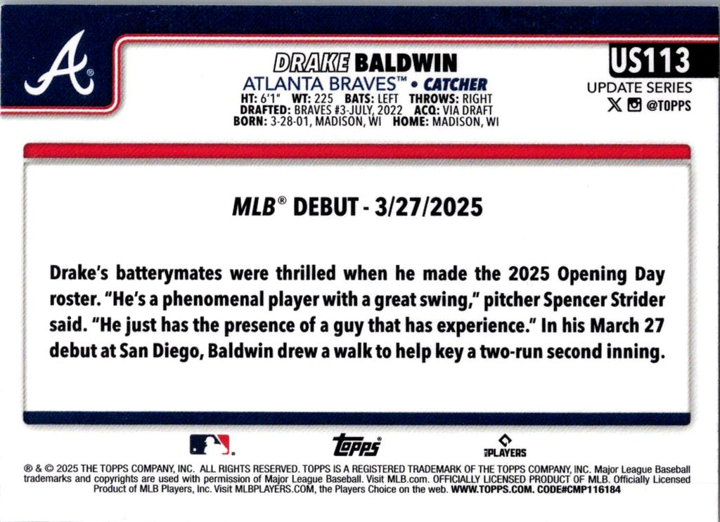 2025 Topps Update Series Drake Baldwin #US113 RC