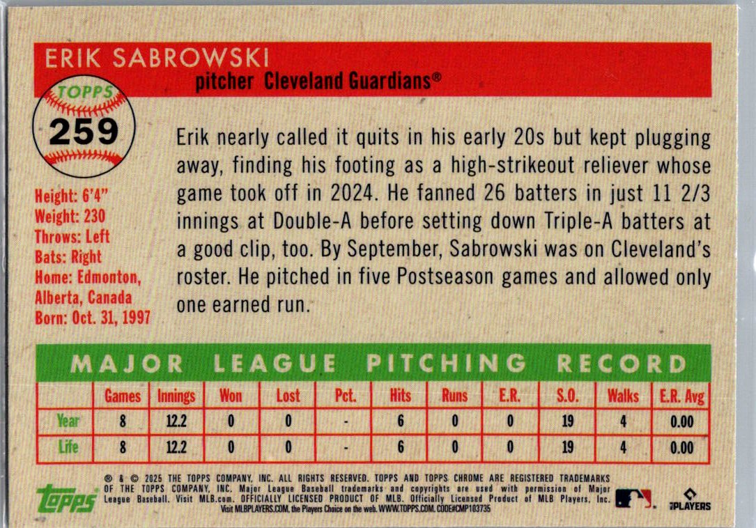 2025 Topps Chrome Chrome Platinum Erik Sabrowski #259 Prism Refractor RC Auto