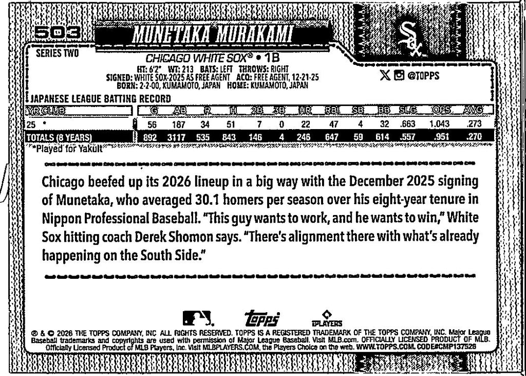 2026 Topps Series Two Munetaka Murakami #503 Sun Foil RC