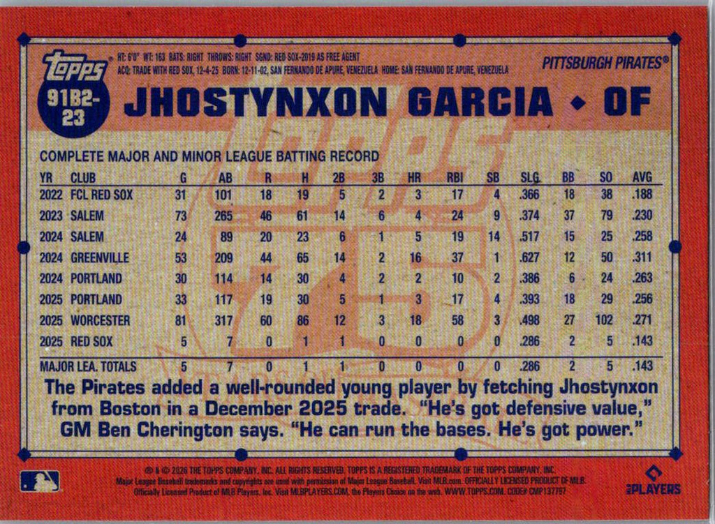 2026 Topps Jhostynxon Garcia #91B2-23 RC