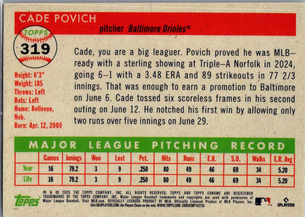 2025 Topps Chrome Platinum Cade Povich #319 RC Auto