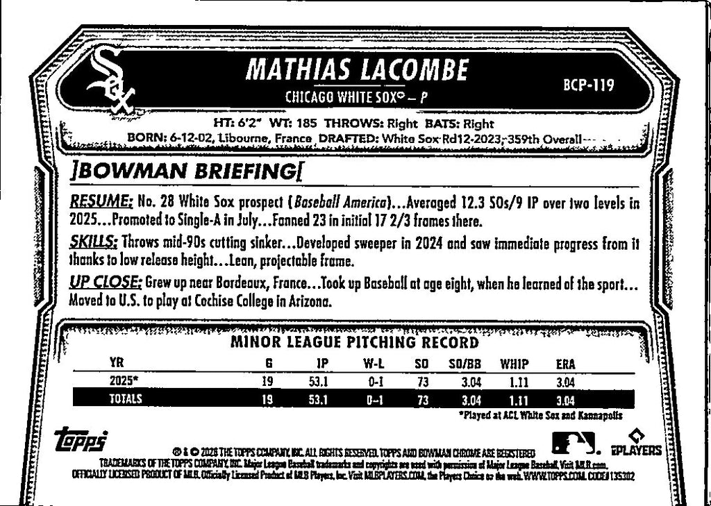 2026 Bowman Chrome Mathias Lacombe #BCP-119