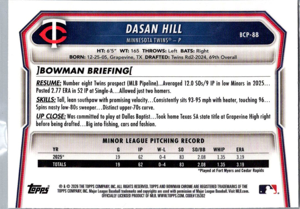 2026 Bowman Chrome Dasan Hill #BCP-88
